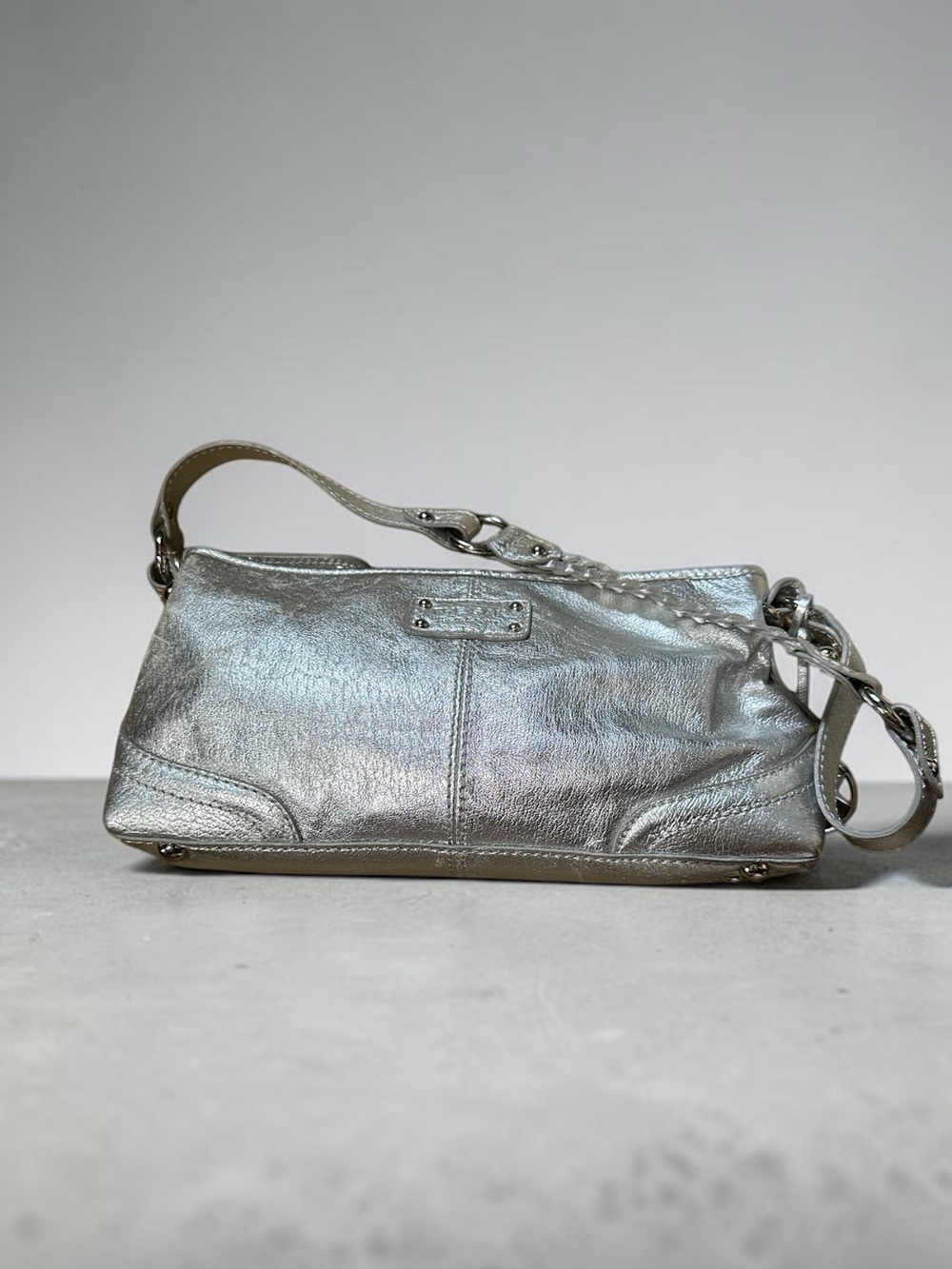 Vintage Y2K-Style Metallic Silver Leather Baguette Shoulder Bag Braided Strap